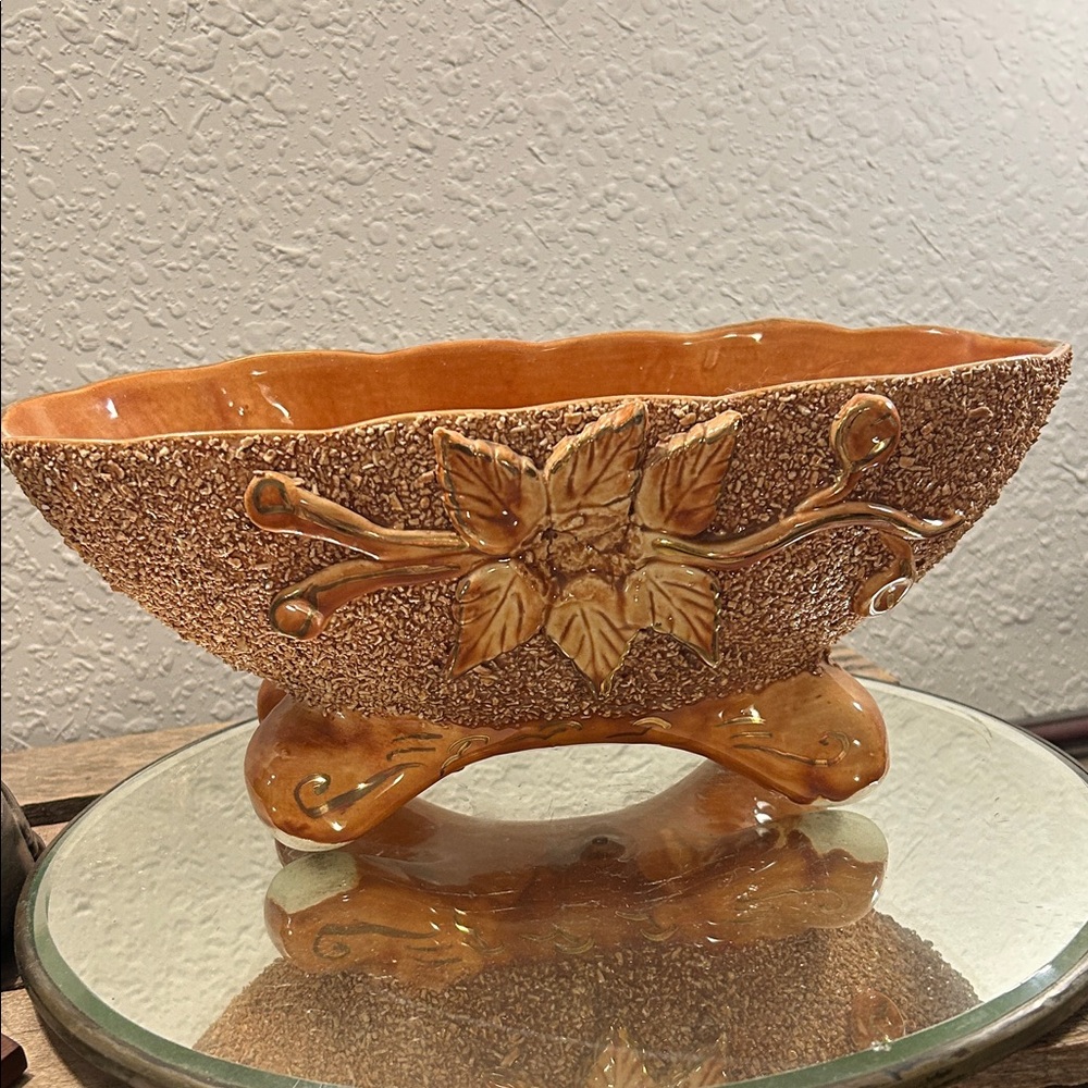 Decorative Orange Ceramic Planter with Leaf Design Cottage Core Fall Decor
